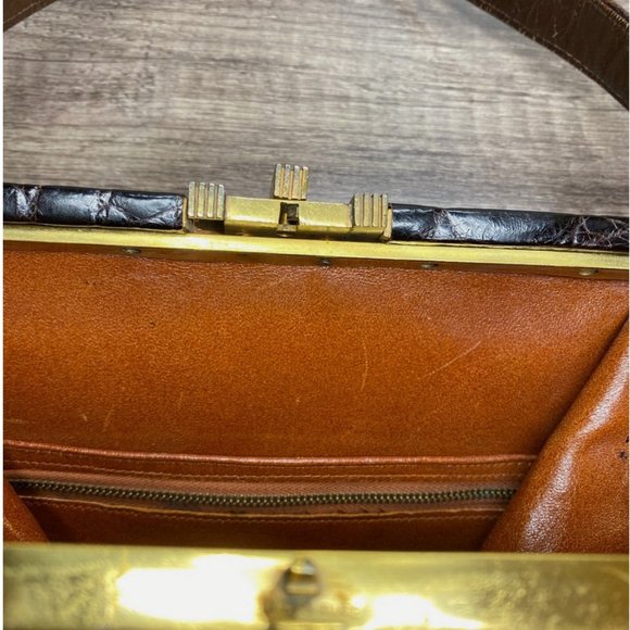 Vintage 1950s Genuine Alligator Crocodile Dark Brown Handbag Rectangular - Picture 12 of 16